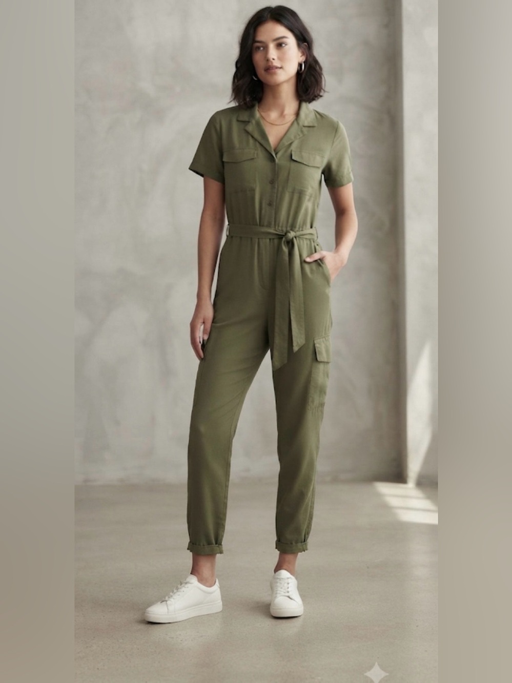 Blush olive green short-sleeve tie utility cargo jumpsuit 6 pockets L